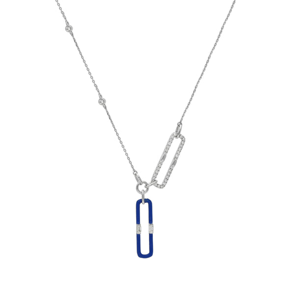 Clip Shape Dark Blue Enamel Center Emerald Diamond White Gold Necklace
