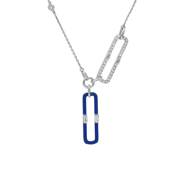 Clip Shape Dark Blue Enamel Center Emerald Diamond White Gold Necklace