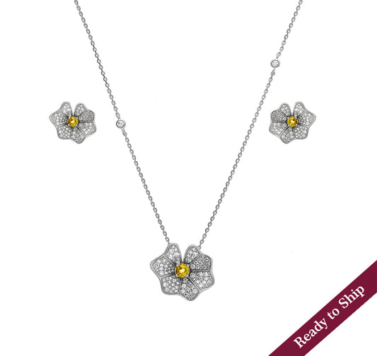 Yellow Sapphire With Round Natural Diamond White Gold Necklace Set