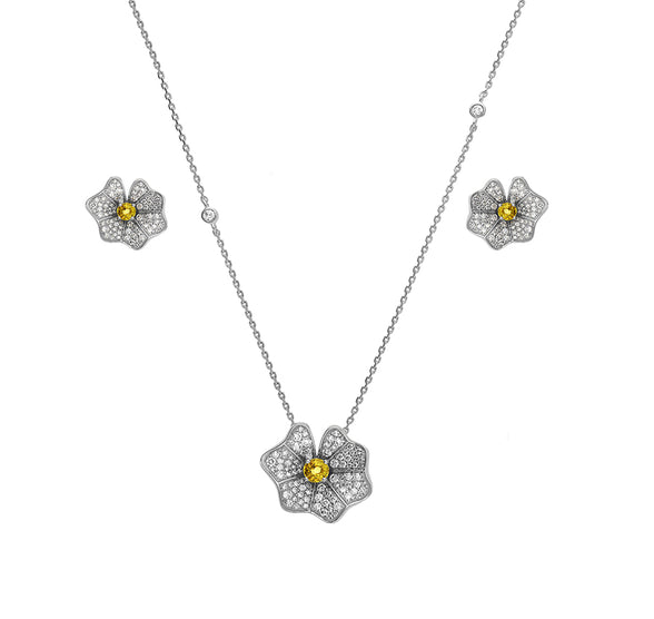 Yellow Sapphire With Round Natural Diamond White Gold Necklace Set