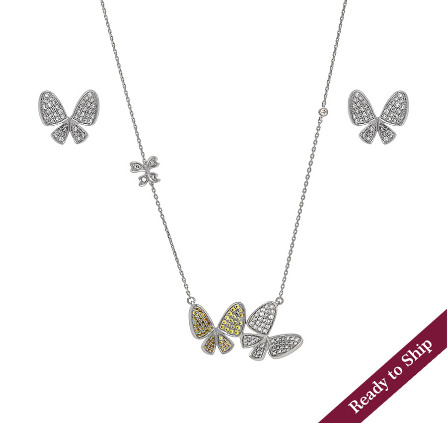 Butterfly Shape Yellow Sapphire With Round Natural Diamond White Gold Necklace Set