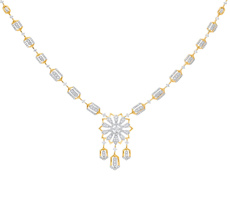 Floral Shape Round Natural Diamond Yellow Gold Charm Necklace Set