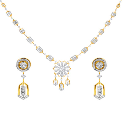 Floral Shape Round Natural Diamond Yellow Gold Charm Necklace Set