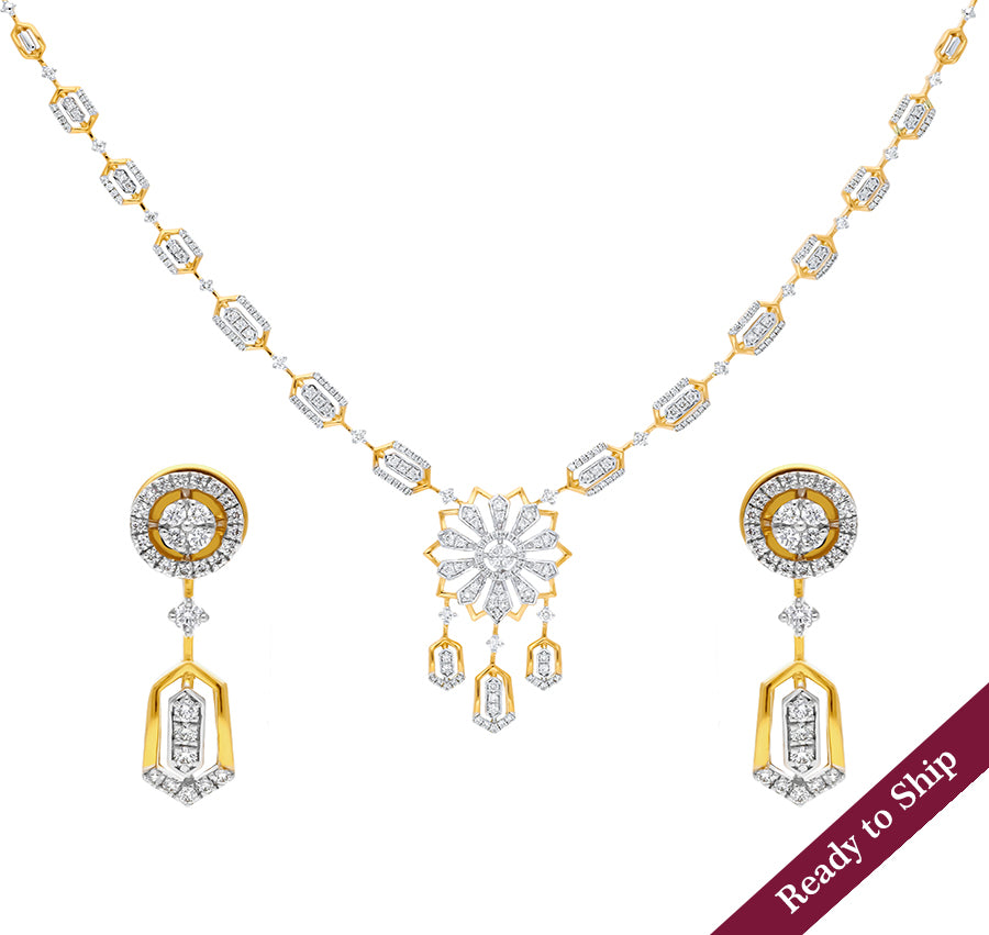 Floral Shape Round Natural Diamond Yellow Gold Charm Necklace Set