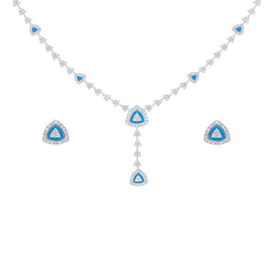 pyramid Shape With Blue Enamel And Round Natural Diamond White Gold Necklace Set