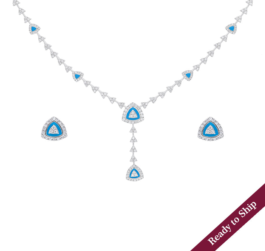 pyramid Shape With Blue Enamel And Round Natural Diamond White Gold Necklace Set