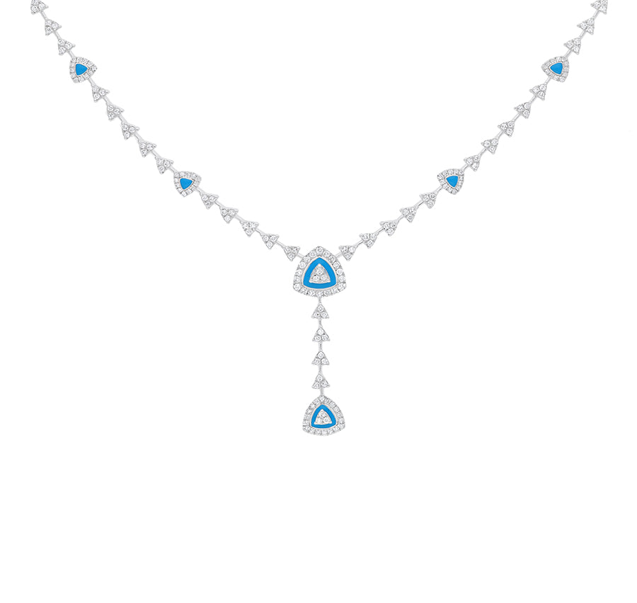 pyramid Shape With Blue Enamel And Round Natural Diamond White Gold Necklace Set