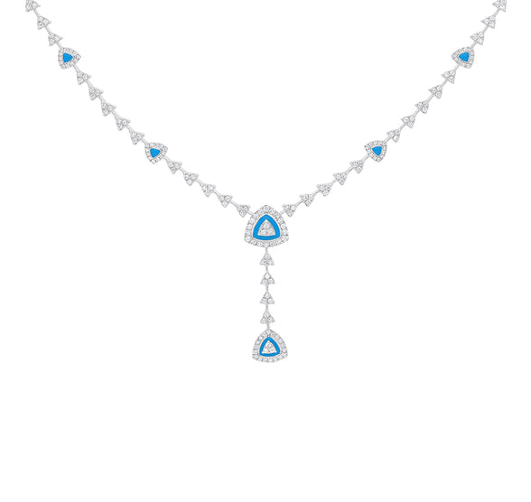 pyramid Shape With Blue Enamel And Round Natural Diamond White Gold Necklace Set