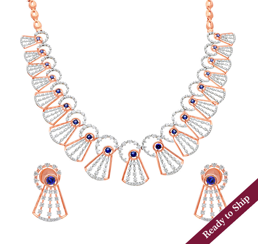 Round Shape Natural Blue Stone and Diamond With Prong Setting Rose Gold Necklace Set