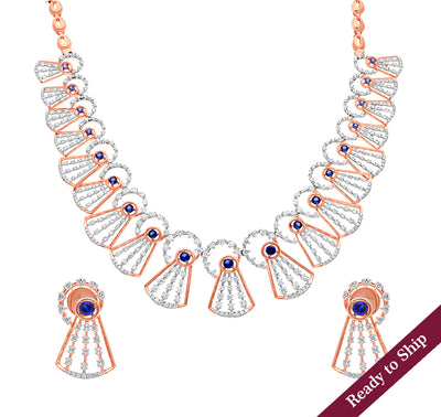 Round Shape Natural Blue Stone and Diamond With Prong Setting Rose Gold Necklace Set