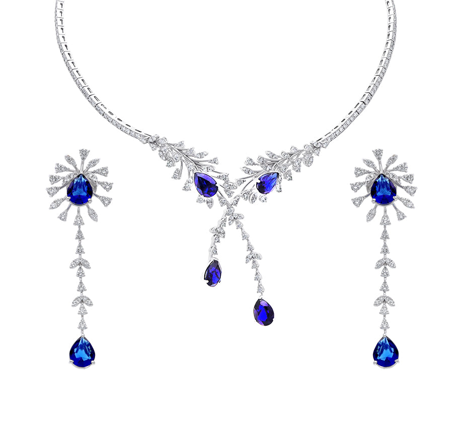 Pear Shape Natural Blue Gemstone and Round Diamond With Prong Set White Gold Necklace Set