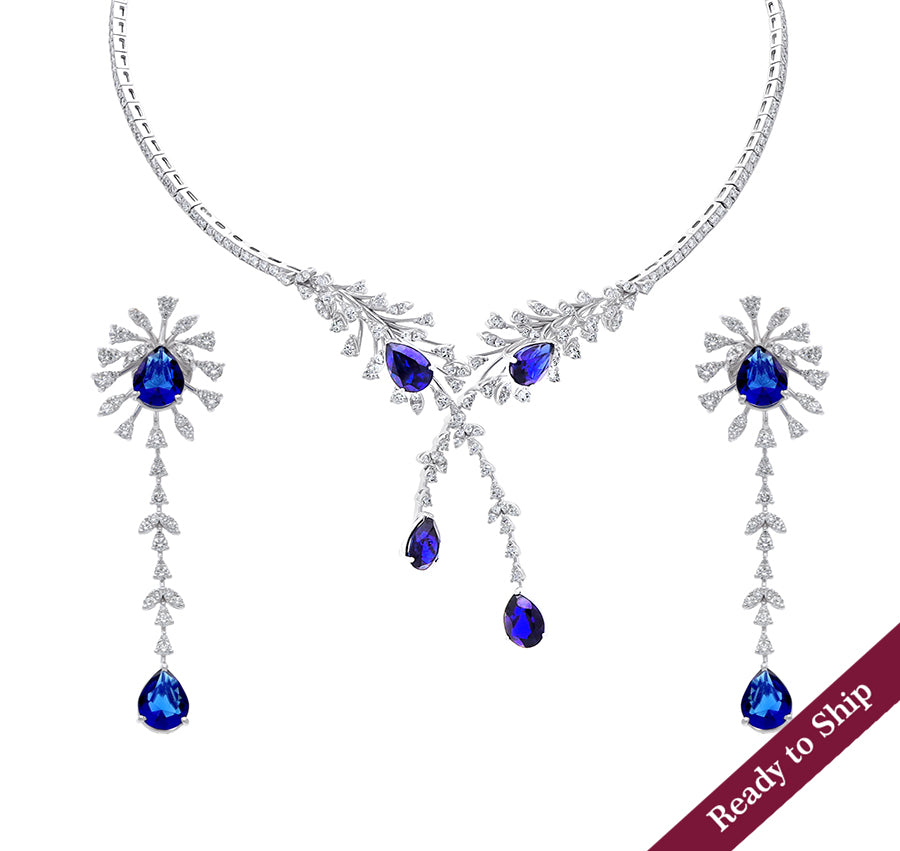 Pear Shape Natural Blue Gemstone and Round Diamond With Prong Set White Gold Necklace Set