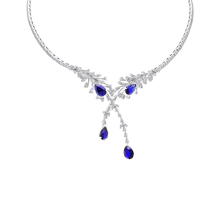 Pear Shape Natural Blue Gemstone and Round Diamond With Prong Set White Gold Necklace Set