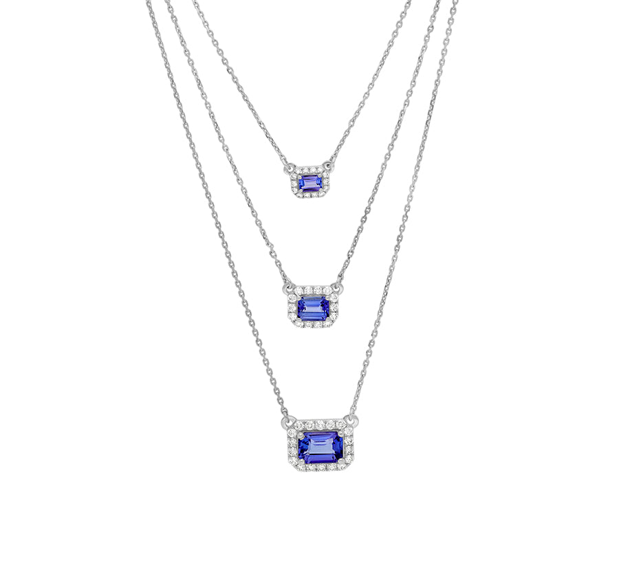 Triple Row Blue Emerald With Round Natural Diamond White Gold Halo Necklace