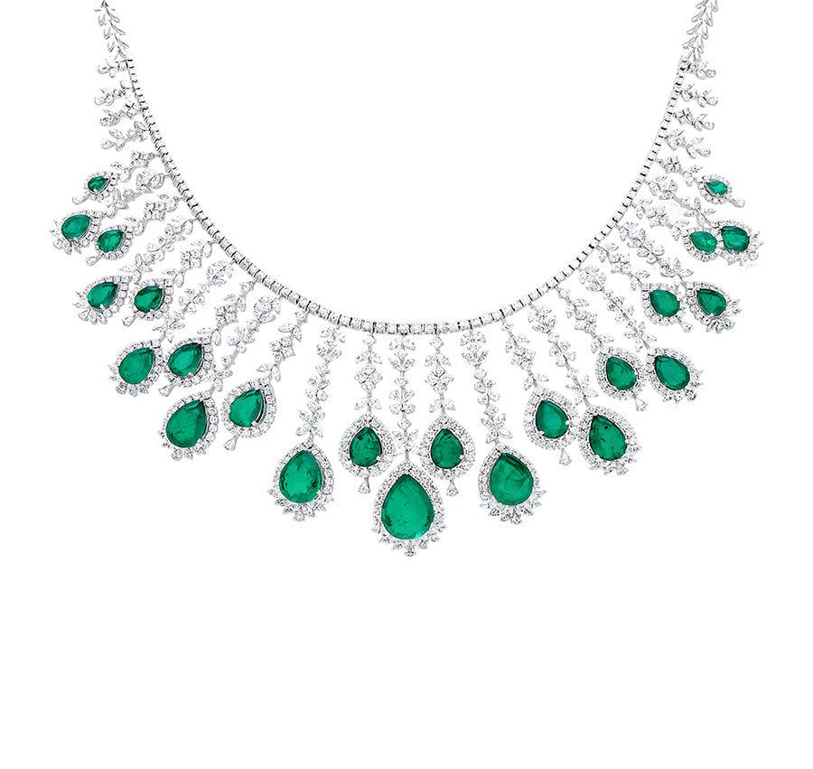 Pear Shape Green Stone Marquise, Pear and Round Cut Natural Diamond With Prong Setting White Gold Bridle Necklace Set