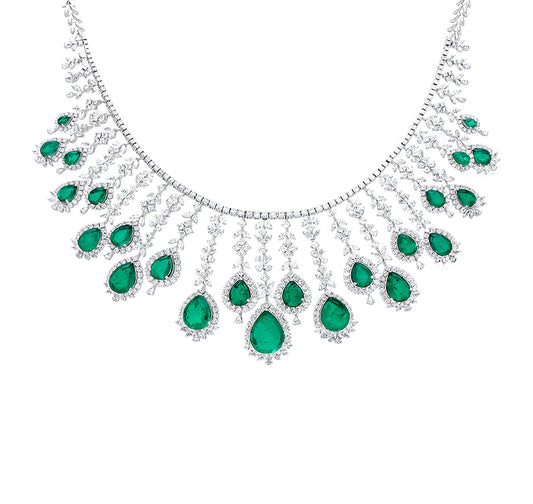 Pear Shape Green Stone Marquise, Pear and Round Cut Natural Diamond With Prong Setting White Gold Bridle Necklace Set