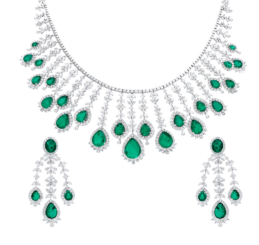 Pear Shape Green Stone Marquise, Pear and Round Cut Natural Diamond With Prong Setting White Gold Bridle Necklace Set