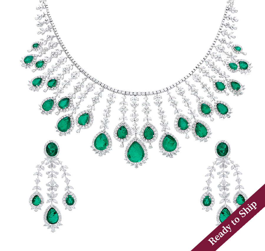 Pear Shape Green Stone Marquise, Pear and Round Cut Natural Diamond With Prong Setting White Gold Bridle Necklace Set