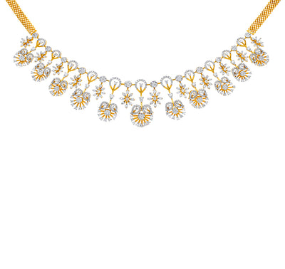 Ethereal Floral Shape Round Natural Diamond With Prong and Pressure Set Yellow Gold Necklace Set