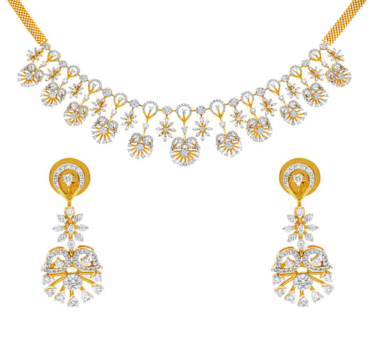 Ethereal Floral Shape Round Natural Diamond With Prong and Pressure Set Yellow Gold Necklace Set