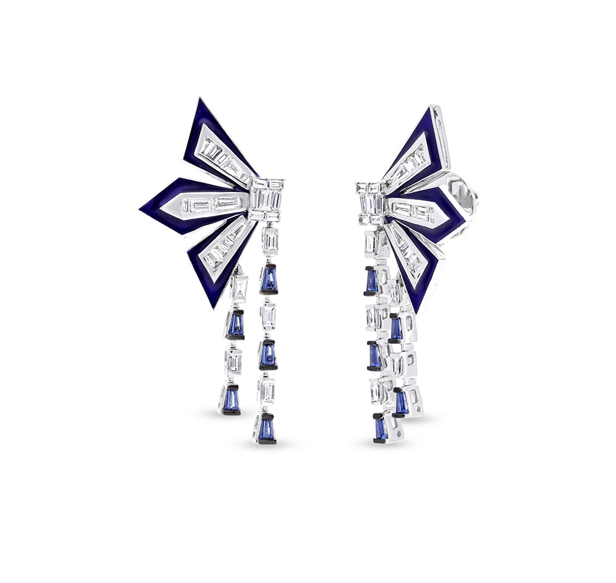 Blue Enamel And Natural Baguette Diamond White Gold Dangle Necklace Set