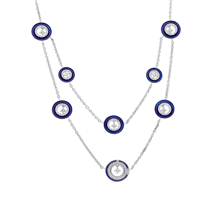 Circle Shape Blue Enamel With Round Natural Diamond Center Dangle Single Collet White Gold Dual Layer Necklace Set