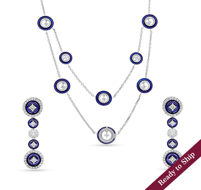 Circle Shape Blue Enamel With Round Natural Diamond Center Dangle Single Collet White Gold Dual Layer Necklace Set