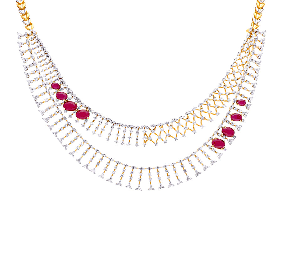 Pink Oval Stone And Round Shape Natural Diamond With Prong Setting Yellow Gold Necklace Set