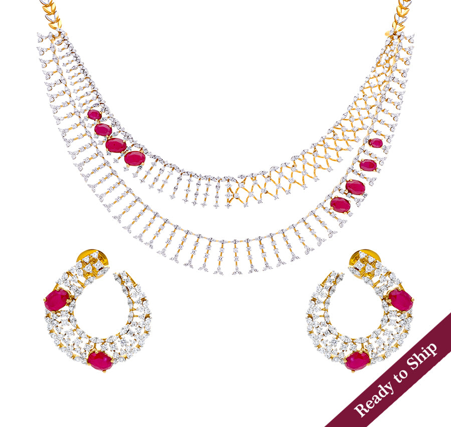 Pink Oval Stone And Round Shape Natural Diamond With Prong Setting Yellow Gold Necklace Set