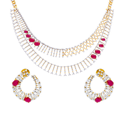 Pink Oval Stone And Round Shape Natural Diamond With Prong Setting Yellow Gold Necklace Set