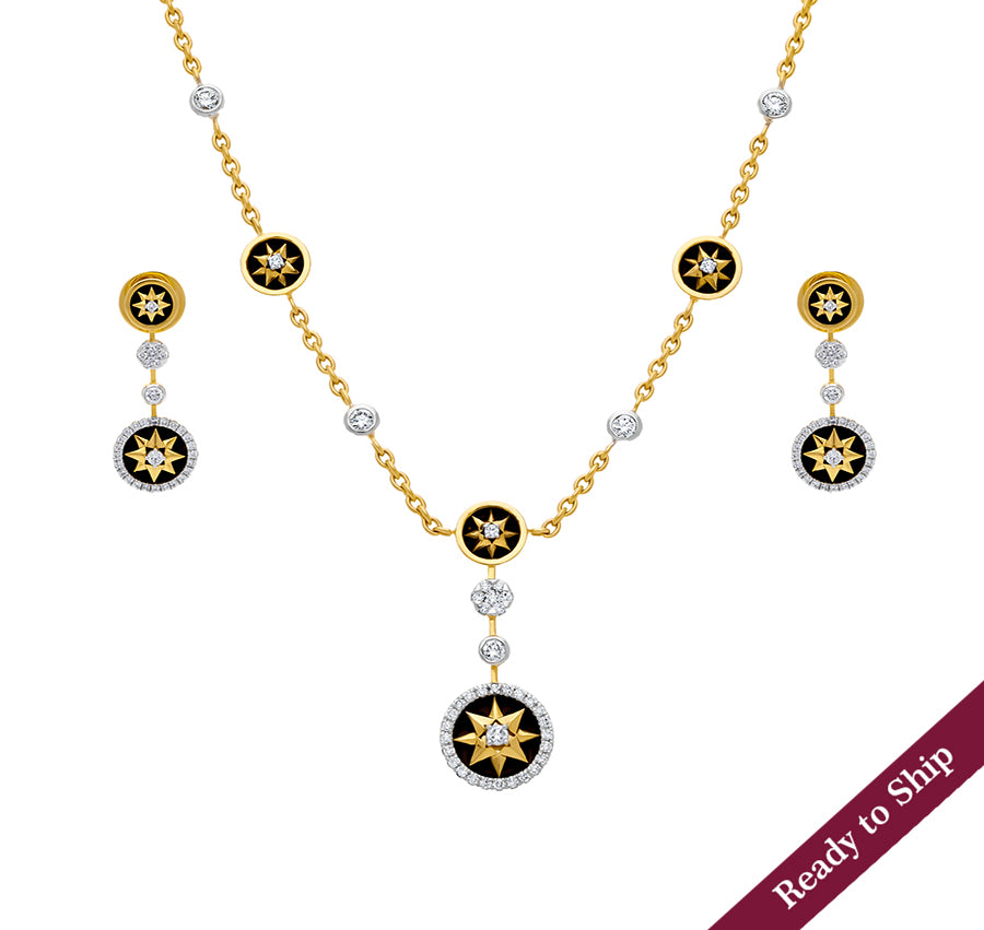 Sunrise Shape and Black Enamel Round Cut Natural Diamond With Multiple Setting Yellow Gold Necklace Set