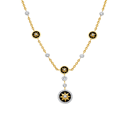 Sunrise Shape and Black Enamel Round Cut Natural Diamond With Multiple Setting Yellow Gold Necklace Set