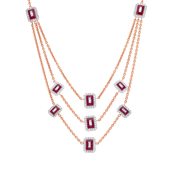 Maroon Enamel With Center Baguette Natural and Round Cut Diamond Rose Gold Tree Layer Necklace Set