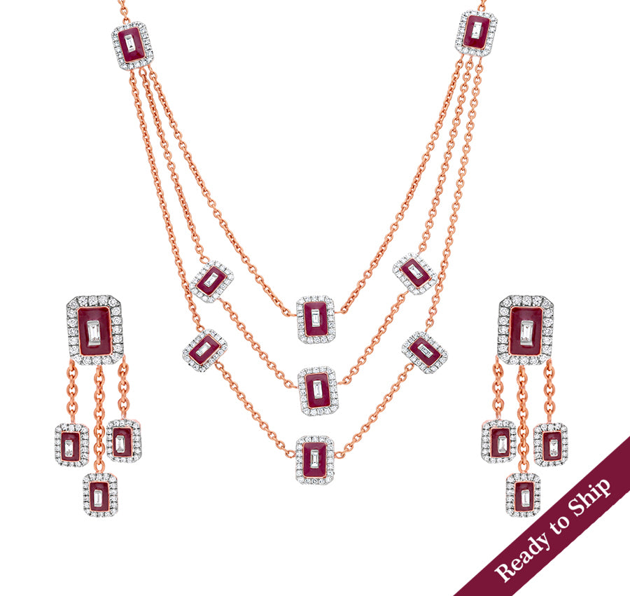 Maroon Enamel With Center Baguette Natural and Round Cut Diamond Rose Gold Tree Layer Necklace Set