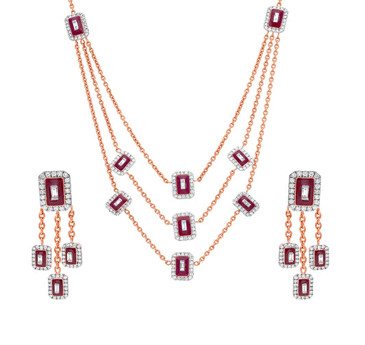Maroon Enamel With Center Baguette Natural and Round Cut Diamond Rose Gold Tree Layer Necklace Set