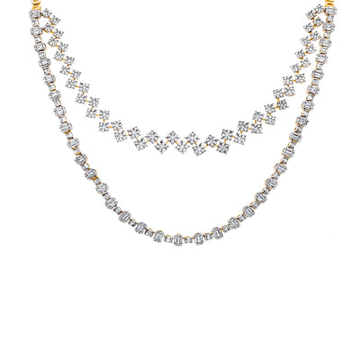 Baguette Pressure and Round Cut Natural Diamond With Prong Setting Yellow Gold Tow In One Necklace Set