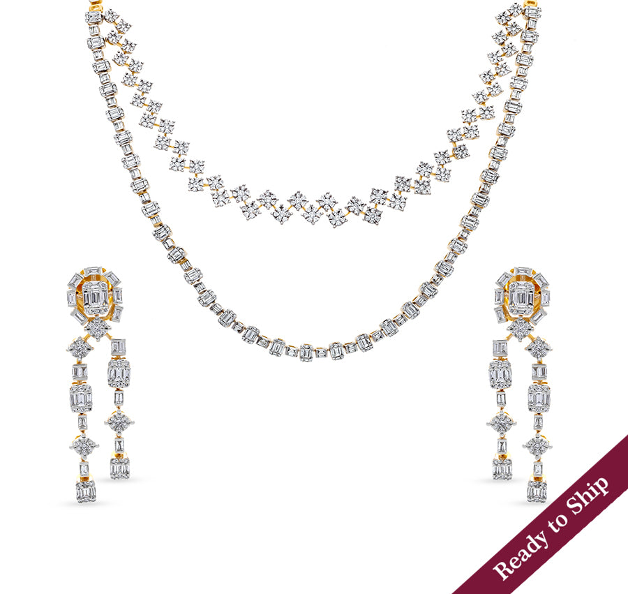 Baguette Pressure and Round Cut Natural Diamond With Prong Setting Yellow Gold Tow In One Necklace Set