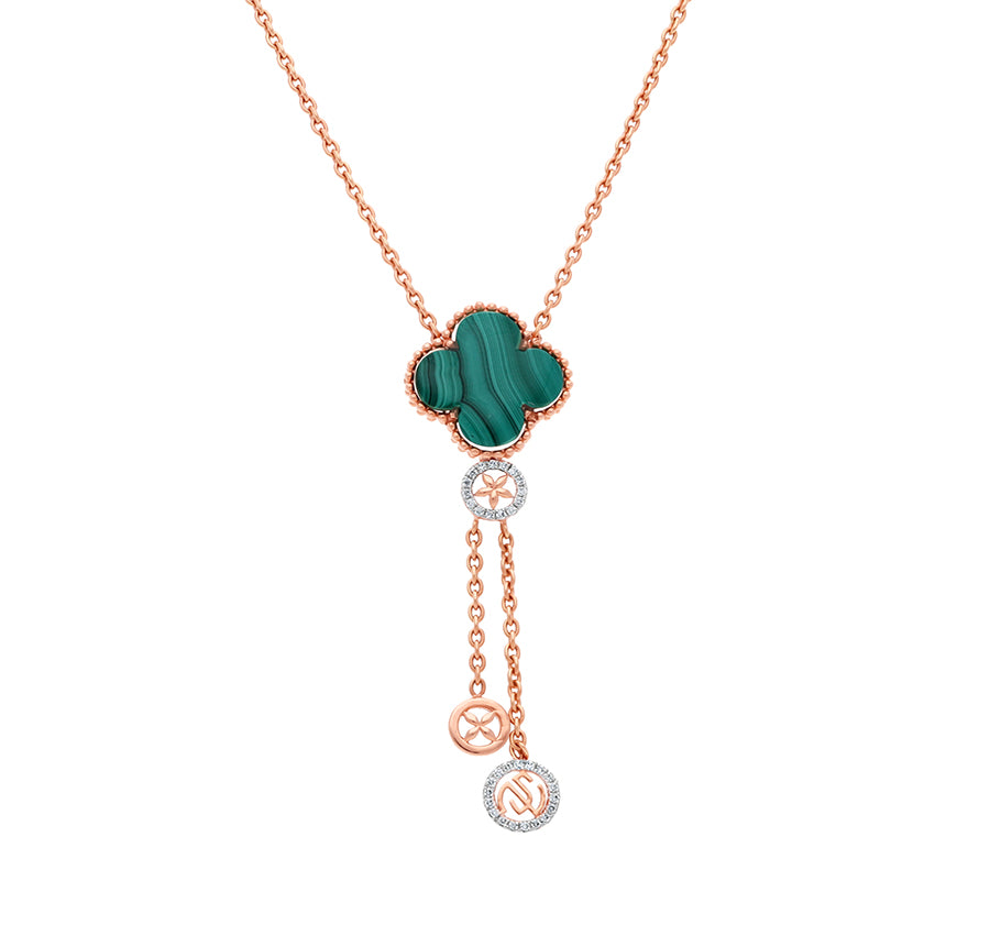 Clover Shape Green Malachite And Round Natural Diamond Rose Gold Charm Necklace Set