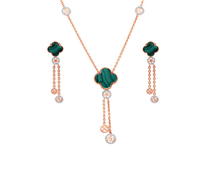 Clover Shape With Green Malachite And Round Natural Diamond Rose Gold Charm Necklace Set