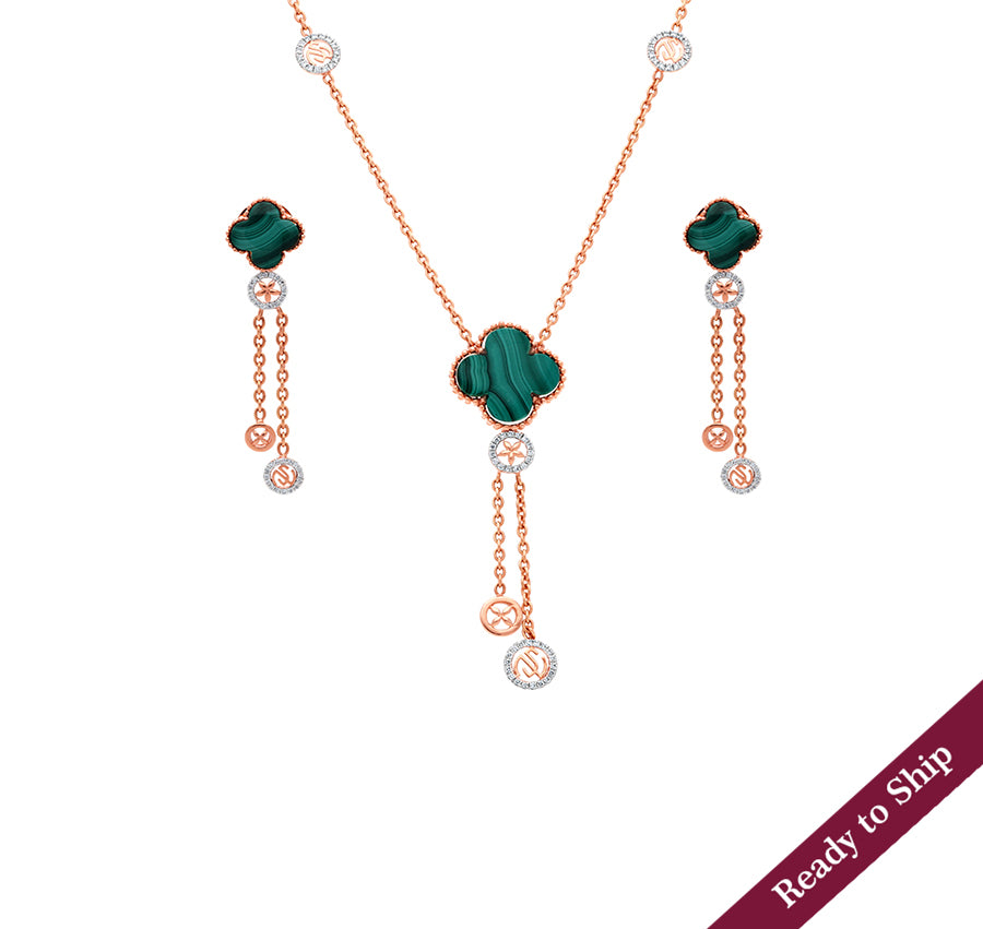 Clover Shape Green Malachite And Round Natural Diamond Rose Gold Charm Necklace Set