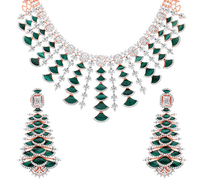 Fancy Malachite With Round and baguette Natural Diamond Prong Set Rose Gold Heavy Necklace Set