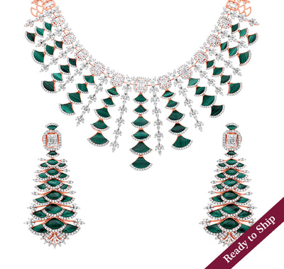 Fancy Malachite With Round and baguette Natural Diamond Prong Set Rose Gold Heavy Necklace Set