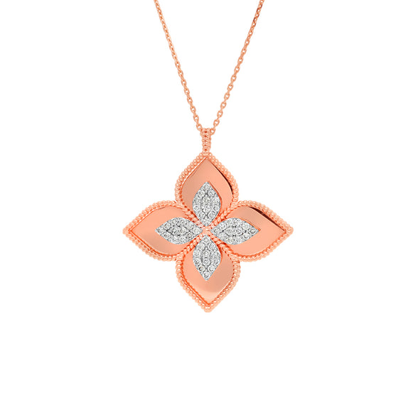 Flower Shape Round Natural Diamond Rose Gold Necklace