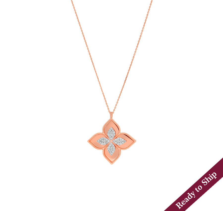 Flower Shape Round Natural Diamond Rose Gold Necklace