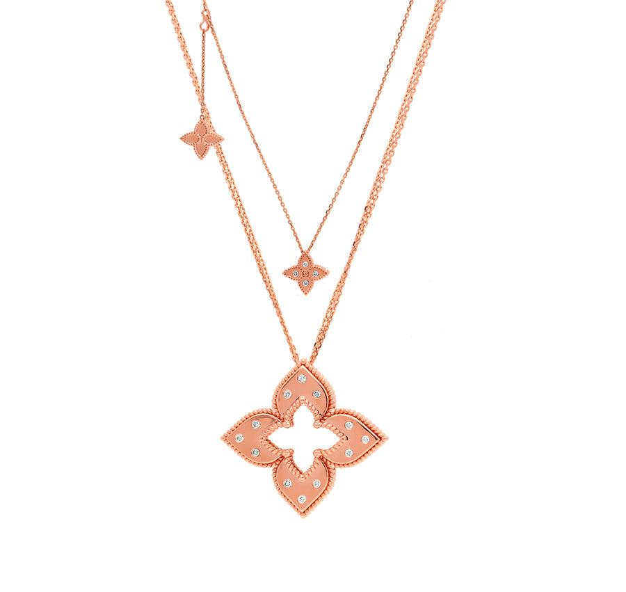 Flower Shape Round Natural Diamond Rose Gold Double Chain Necklace