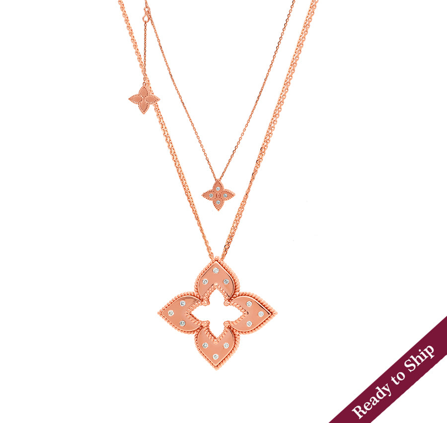 Flower Shape Round Natural Diamond Rose Gold Double Chain Necklace