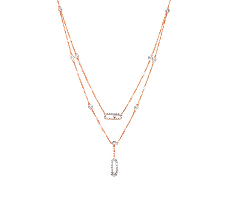 Round Natural Diamond With Prong Set Rose Gold Dual Chain Necklace