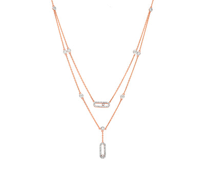 Round Natural Diamond With Prong Set Rose Gold Dual Chain Necklace