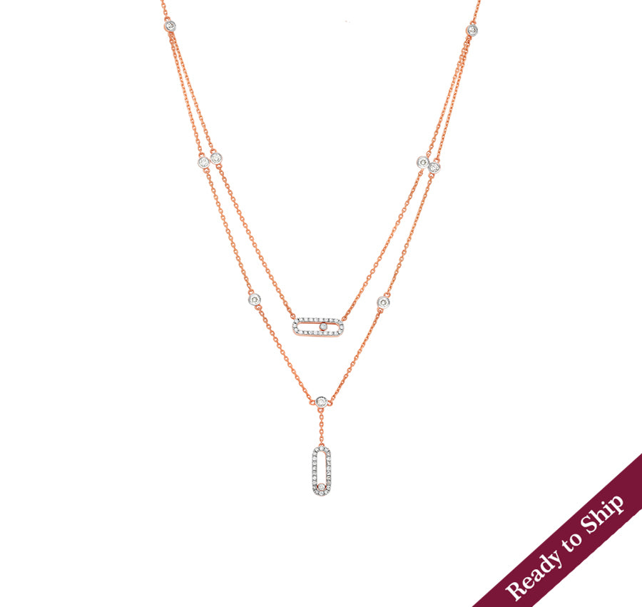 Round Natural Diamond With Prong Set Rose Gold Dual Chain Necklace