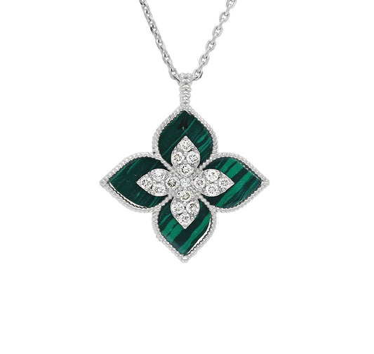 Princess Flower Round Diamond With Malachite White Gold Necklace Set
